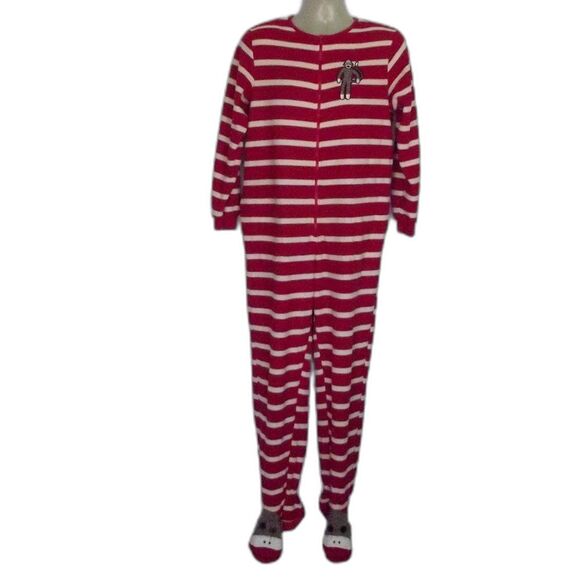 NICK & NORA Sock Monkey Footie Pajamas/Union Suit, M, Red/White, Zips, Pockets - Picture 2 of 12